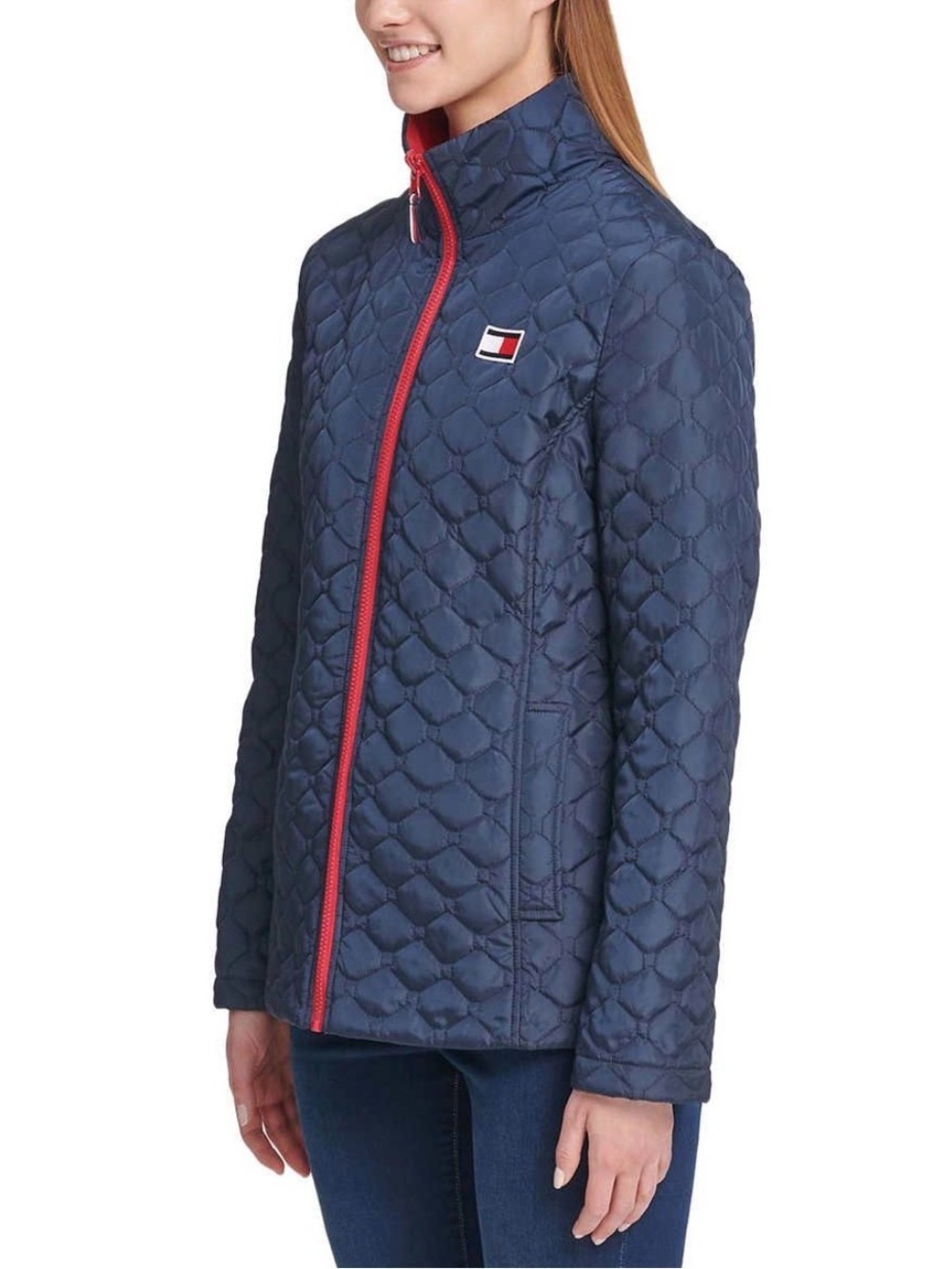 Tommy Hilfiger Navy Quilted Puffer Jacket with Red Zip Trim